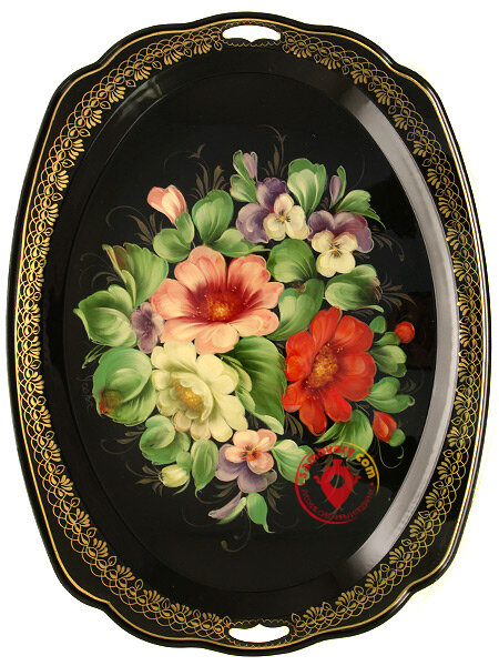 Поднос с художественной росписью "Цветы на черном фоне", овал с фигурным краем, арт. 5023