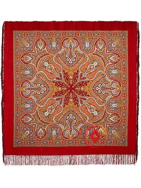 Павлопосадский шерстяной платок с шелковой бахромой «Испанский», рисунок 710-5, 146*146 см